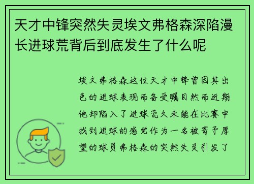天才中锋突然失灵埃文弗格森深陷漫长进球荒背后到底发生了什么呢